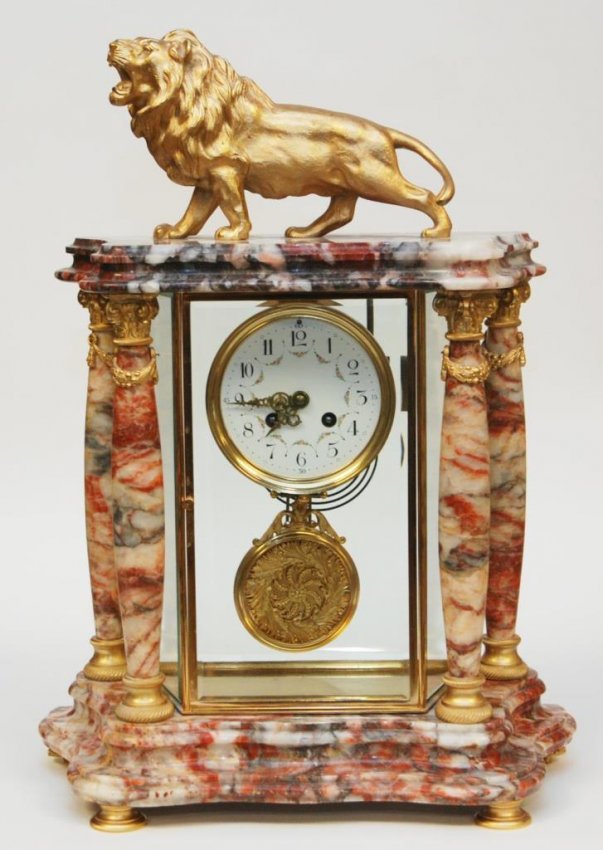 FRENCH MARBLE & BRONZE LION S. MARTI MANTLE CLOCK