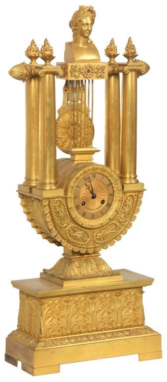 French Dore Bronze Lyre Mantle Clock
