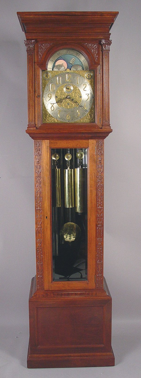 Tiffany & Co. NY Carved Mahogany Triple Chime Hall Clock