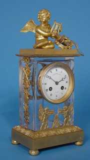 French Japy Freres Dore’ Bronze & Crystal Mantle Clock