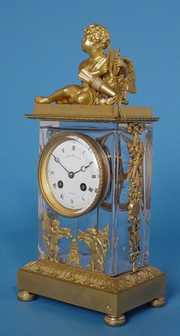 French Japy Freres Dore’ Bronze & Crystal Mantle Clock