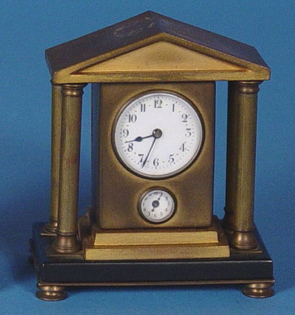 German Miniature Architectural Gilt Metal & Marble Mantle Clock