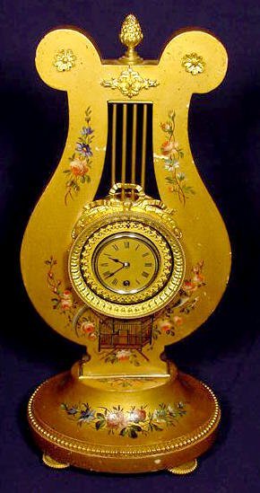 French Animated Lyre Table Clock