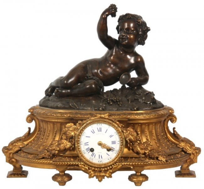 Figural Bronze & Dore Putti Mantle Clock
