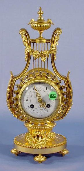 French Dore Bronze Lyre Clock
