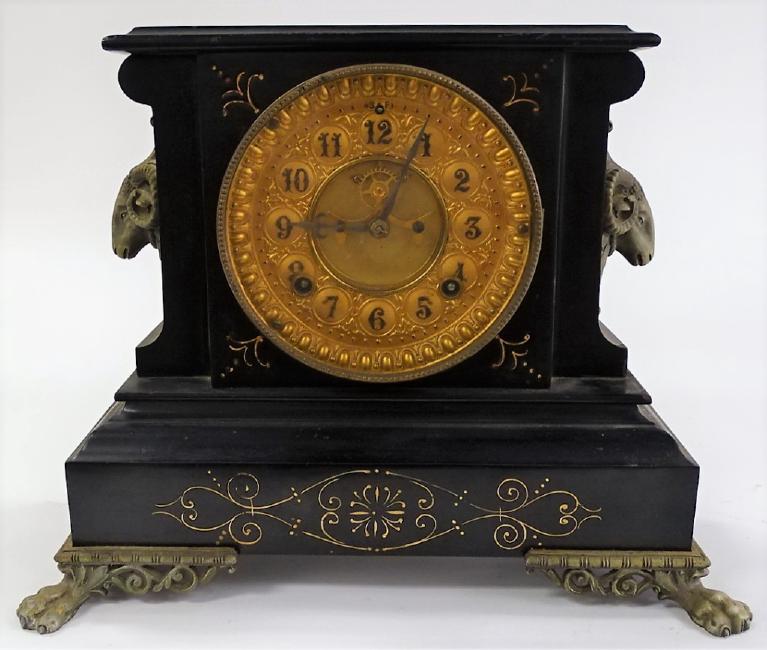 Late 19th century enameled Iron case ‘Glasgow’ mantel clock by Ansonia Clock Co