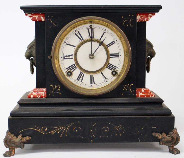 Late 19th century enameled Iron case mantel clock by Ansonia Clock Co