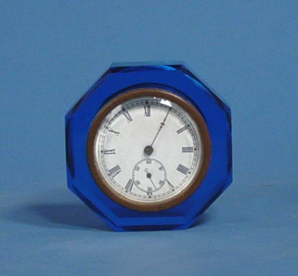 E N Welch Blue Glass Paper Weight Clock