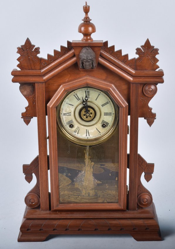 ANTIQUE WALNUT KITCHEN CLOCK, ELLIS ISLAND