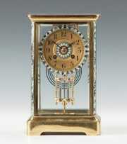 French Brass & Champlevé Cloisonne Crystal Regulator