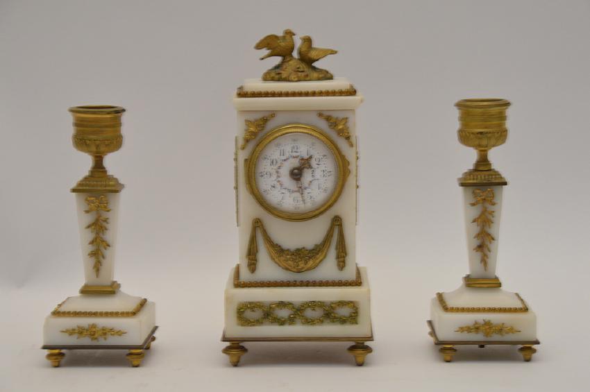 Miniature White Marble & Gilt Bronze Clock Garniture