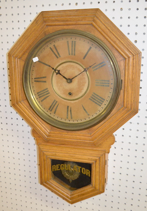 Antique Oak Octagon Short Drop Schoolhouse Clock