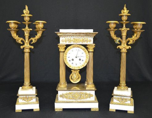 French Marble 3 Piece Empire Garniture Clock Set