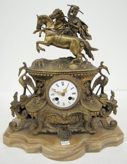 French Ornate Statue Clock w/Horses & Cranes