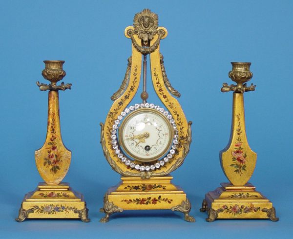 French Giltwood & Bronze Animated Pendulum Lyre Clock