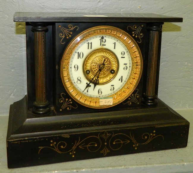 Gilt etch Ansonia clock w/ porcelain & brass dial