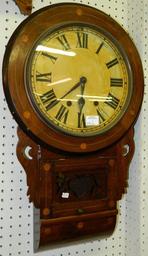 8 day schoolhouse clock w/inlaid mahog. case.