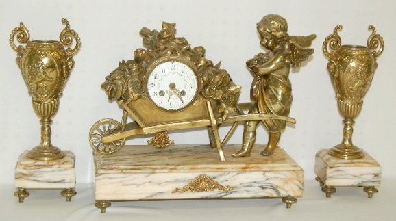 French 3pc Cherub & Lions Clock