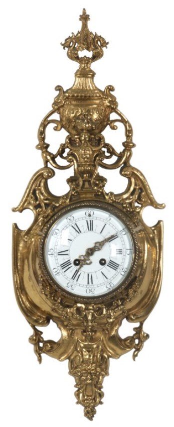 French Gilt Brass Hanging Cartel Clock