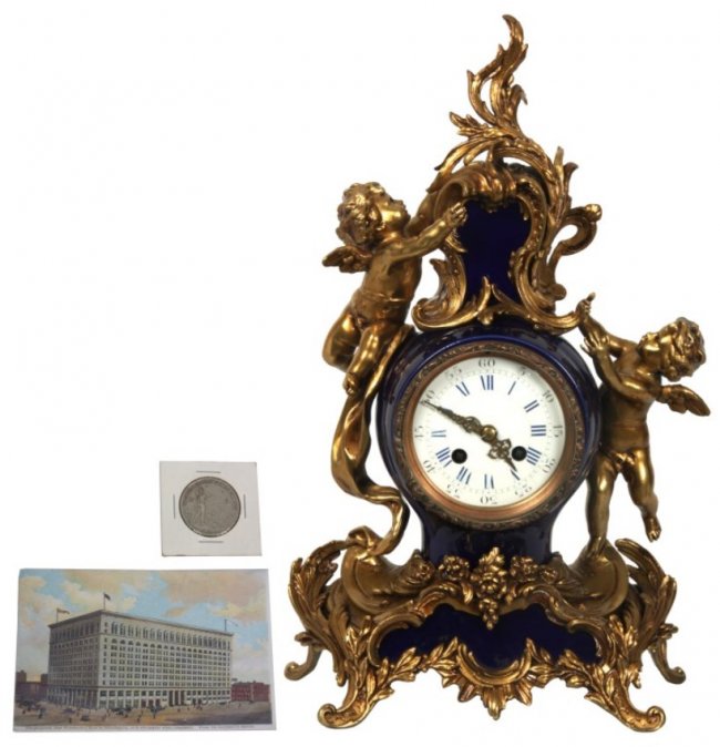 Figural Putti Gilt & Cobalt Porcelain Clock