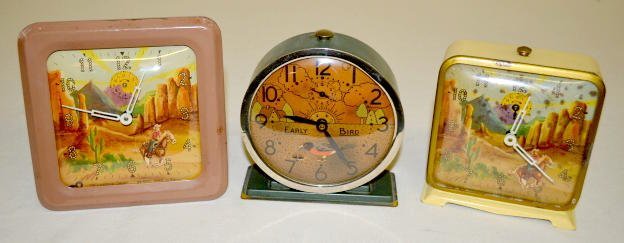 3 Antique Animated Alarm Clocks, Early Bird +