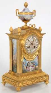 Gilt Bronze Mantle Clock w/ Porcelain Inserts