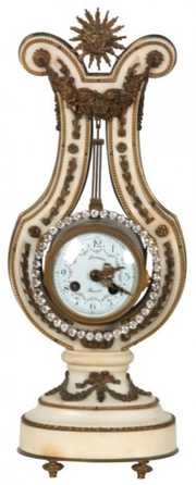 French Marble Lyre Rhinestone Mantle Clock