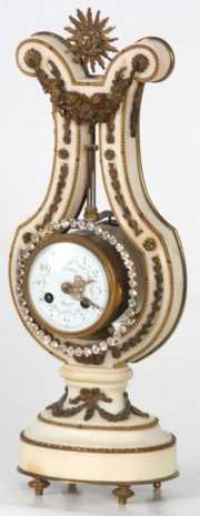 French Marble Lyre Rhinestone Mantle Clock