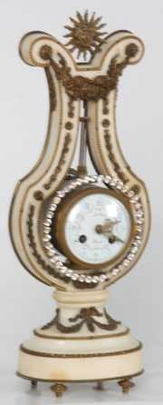 French Marble Lyre Rhinestone Mantle Clock