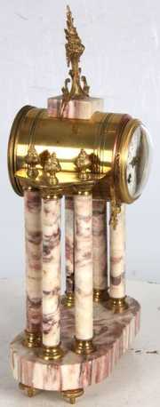 French Marble & Brass Column Mantle Clock