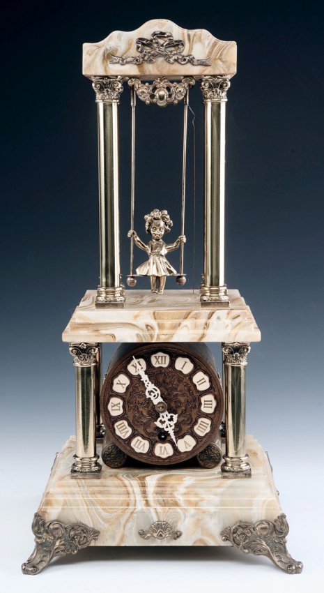 A CONTEMPORARY THREE TIER SWINGING DOLL CLOCK