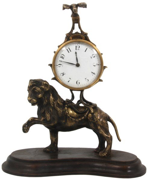 Figural Lion Desk Clock w/ Erotic Panel
