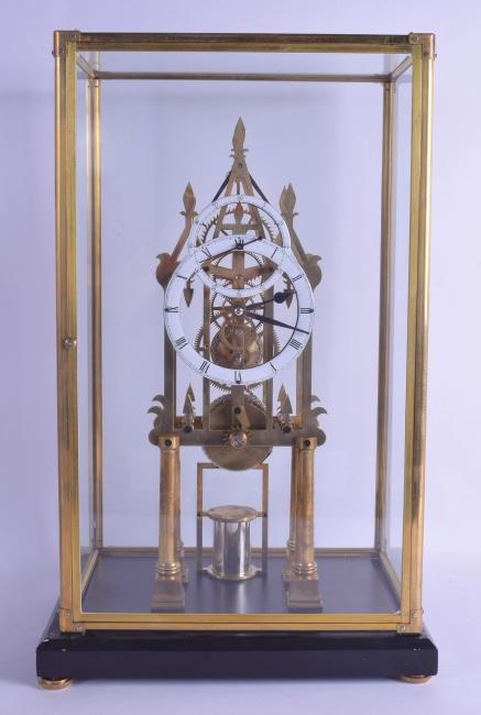 A LARGE CONTEMPORARY BRASS ‘CATHEDRAL’ SKELETON CLOCK