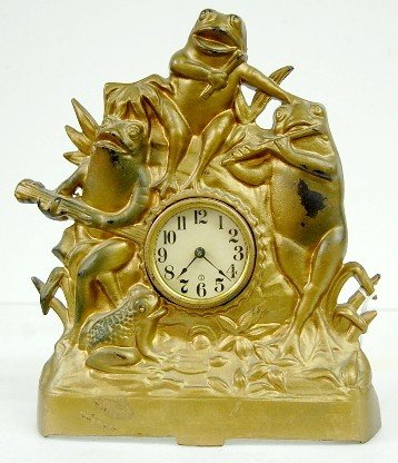 Iron Front Figural Frog Musician Novelty Clock