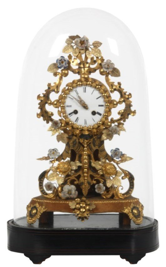 Brass & Porcelain Mantle Clock w/ Dome