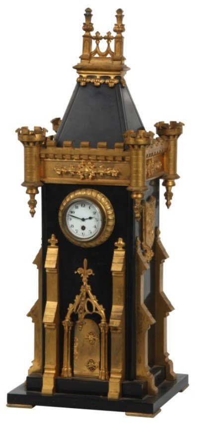 French Bronze Animated Gothic Steeple Clock.