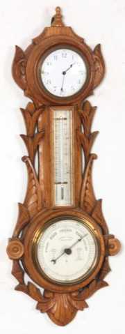 Carved Oak Barometer & Clock