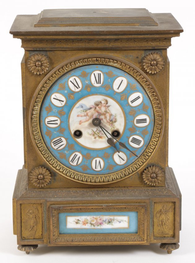 19TH C. BRONZE PORCELAIN MANTLE CLOCK CHERUBS