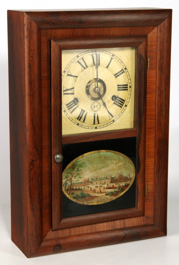 A SETH THOMAS MINIATURE BEVEL FRONT SHELF CLOCK