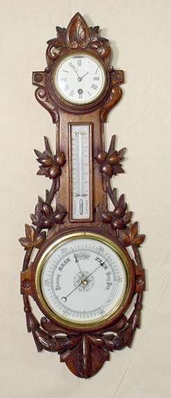 Oak Carved Clock w/Barometer & Thermometer