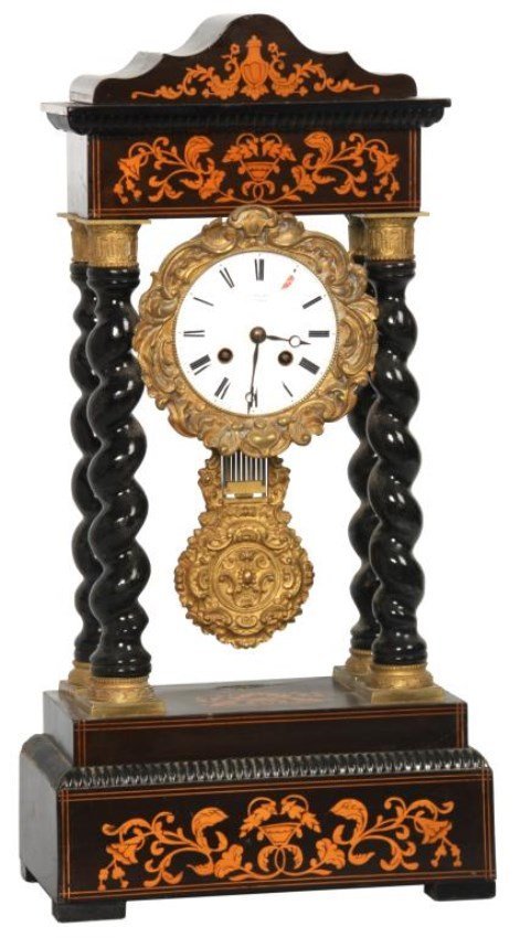 French Empire Inlaid Portico Clock