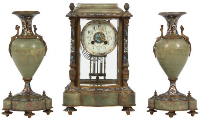 Tiffany & Co. Brass & Champleve Onyx Clock Set