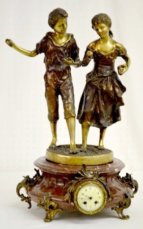 A. D. Mougin Bronze & Marble Clock; Boy & Girl