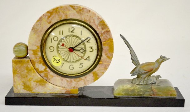 Marble Art Deco Electric Desk Clock w/ Pheasant
