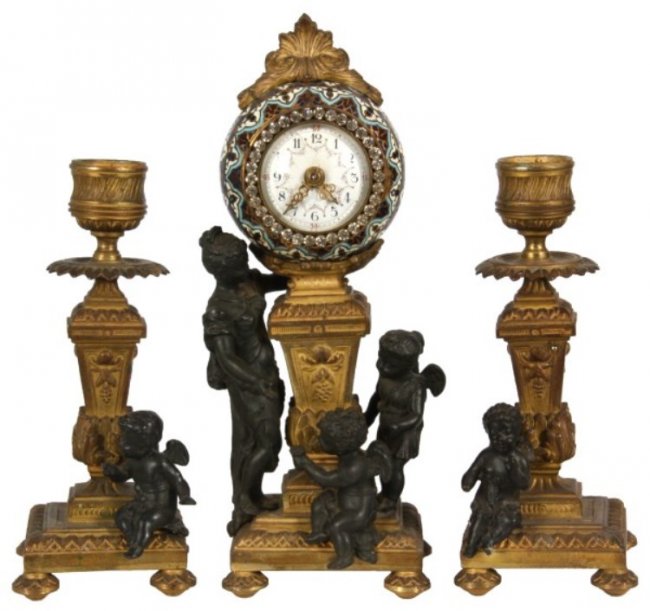 Miniature Bronze Figural Clock Set