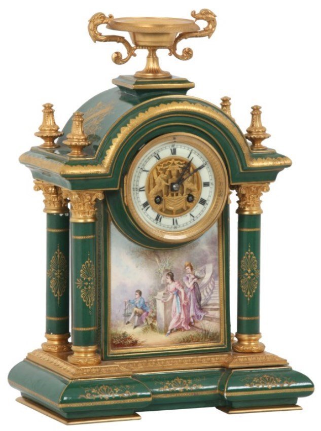 French Porcelain 4 Column Mantle Clock