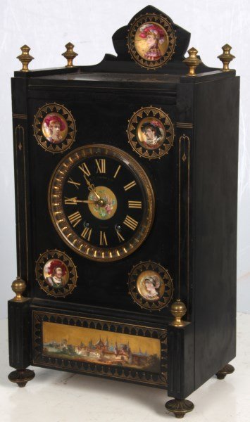 Black Marble Mantle Clock w/ Portraits