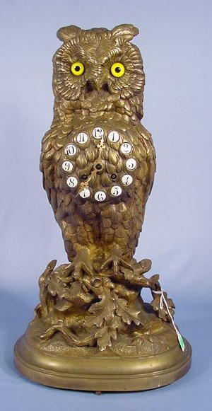 French Bronze Figural Owl Clock w/Glass eyes