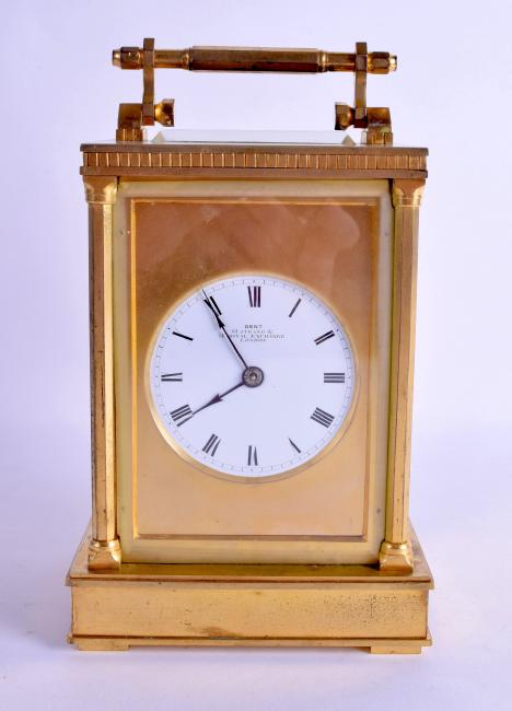 A GOOD LARGE ANTIQUE BRASS CARRIAGE CLOCK by Dent of