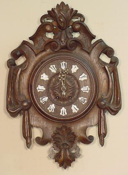 French Carved Oak Wood Wall Clock